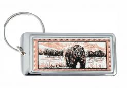Rectangular silver-plated keychains decorated with copper grizzly bear artwork