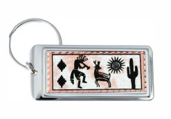Buy Kokopelli keychains handmade from copper accentuated with the silver-plated rectangular bezel. No polishing required