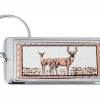 Rectangular silver-plated keychains decorated with copper whitetail deer artwork Rectangular silver-plated keychains decorated with copper whitetail deer artwork