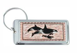 Rectangular silver-plated keychains decorated with copper killer whales artwork