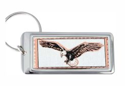 Buy original flying eagle keychains handmade from copper accentuated with the silver-plated rectangular bezel. No polishing required