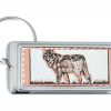 Rectangular silver-plated keychains decorated with copper wolf artwork