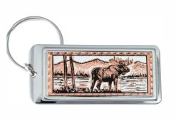 Buy rectangular silver plated and copper artwork decorated moose keychains
