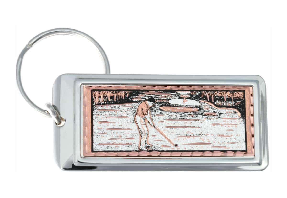 Buy man golfer keychains handmade from copper accentuated with the silver-plated rectangular bezel. Buy man golfer keychains handmade from copper accentuated with the silver-plated rectangular bezel.