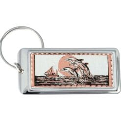 Sailboat and dolphins keychain handmade from copper embellished with a silver-plated rectangular bezel