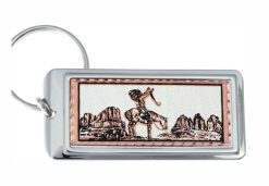 Rectangular silver plated keychains decorated with copper American Indian warrior artwork