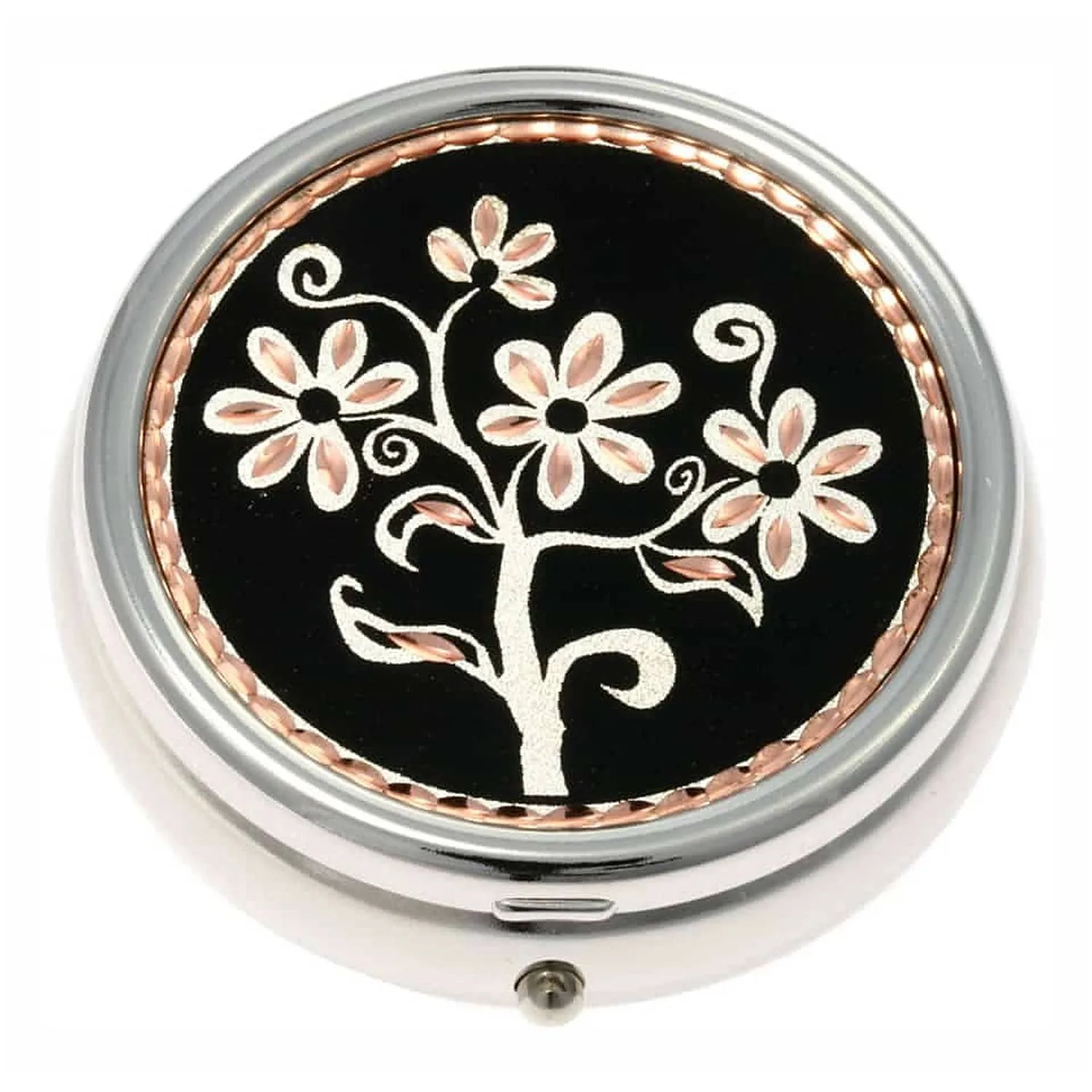 Black Patina Background Flower Copper Artwork Embellished Pill Boxes