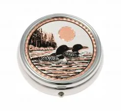 Magnificent silver plated decorative pill boxes embellished with loons on the lake designs made from copper