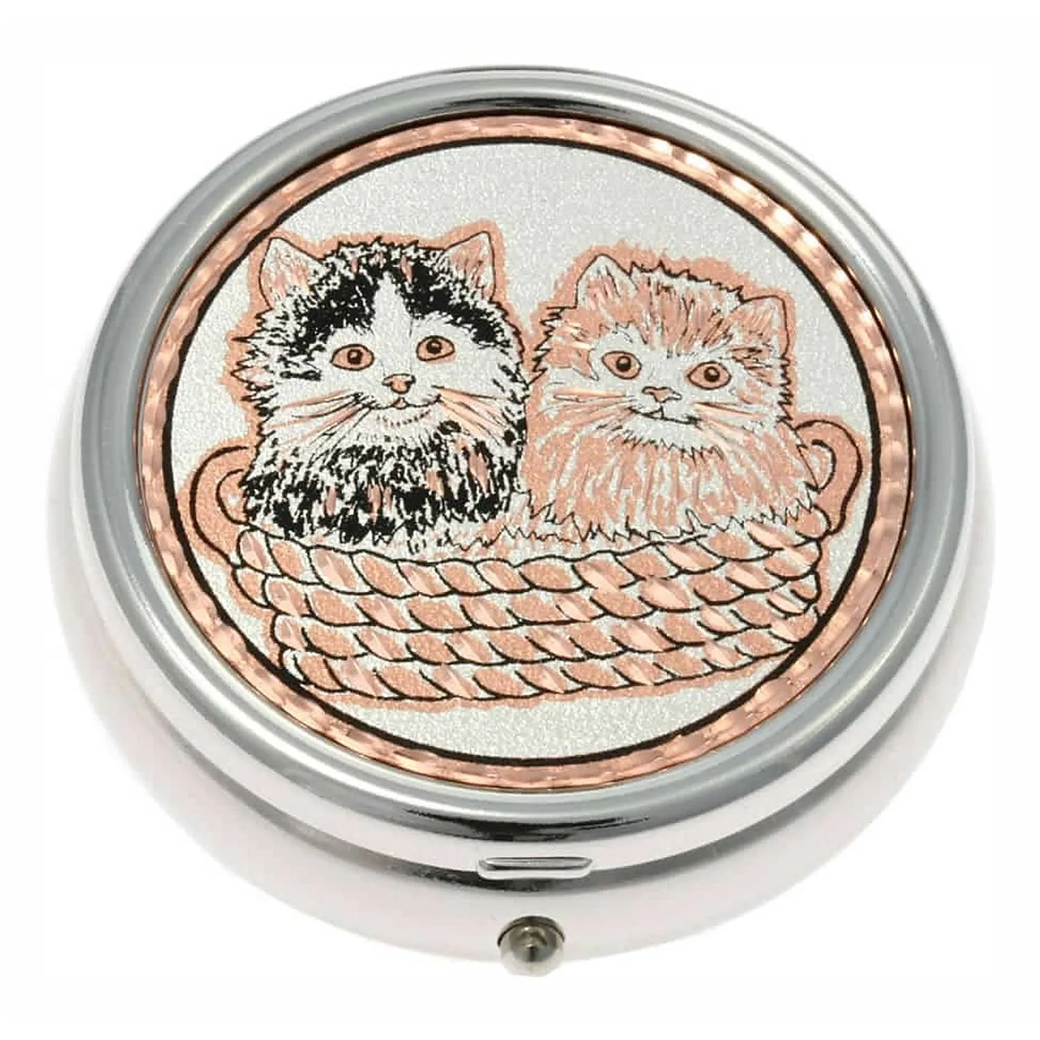 Two Cute Kittens in a Basket Handmade Copper Artwork Decorated Stylish Pill Boxes
