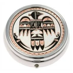 Buy silver plated decorative pill boxes embellished with Native Thunderbird designs made from copper
