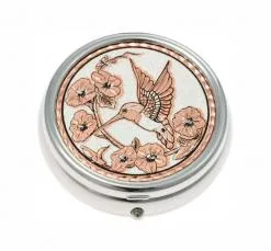 Decorative Silver Color Pill Boxes Embellished with Hummingbird Copper Artwork