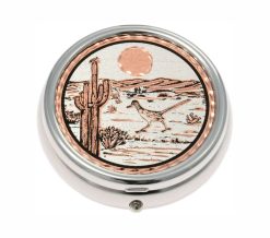 Wholesale Handmade Copper Desert Scene and Roadrunner Artwork Decorated Silver Color Pill Boxes
