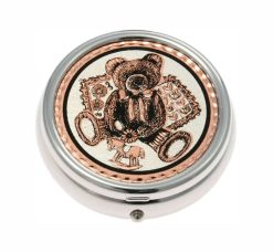 Silver Color Pill Boxes Embellished with Teddy Bear Copper Artwork