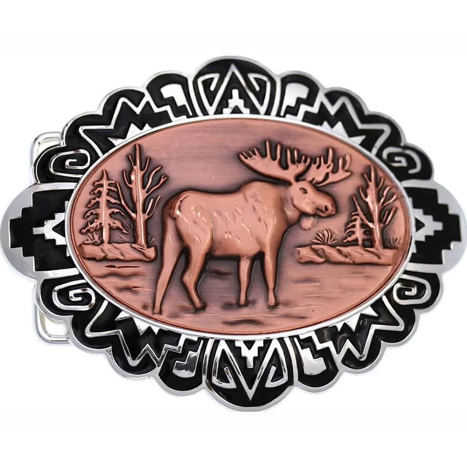 handmade copper Moose Wildlife Scene Belt Buckle, Copper Embossed Moose Insets Decorated Silver Color Western Belt Buckles