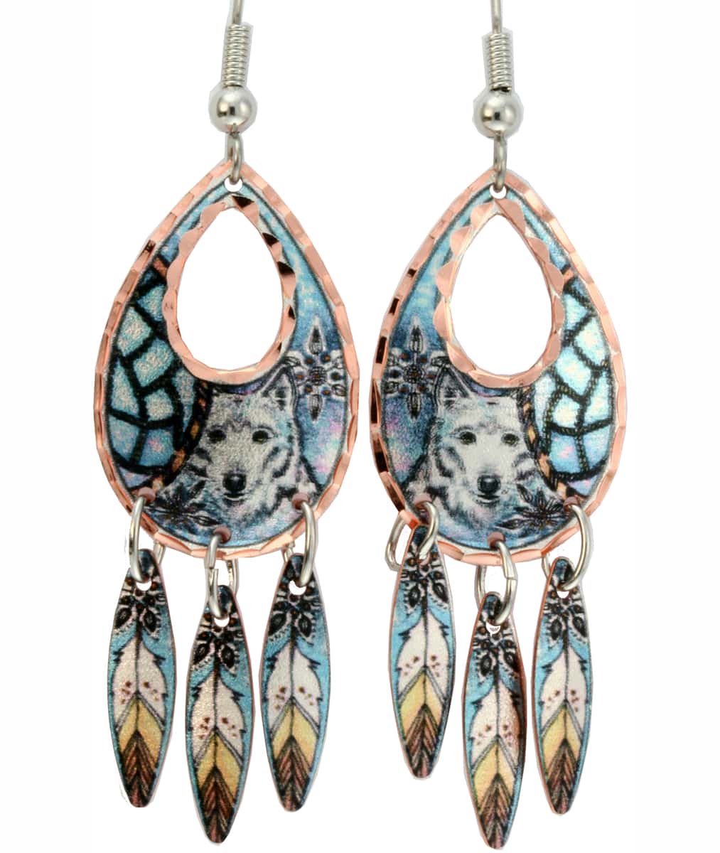 White Wolf Earrings With Dream Catcher Art Background White Wolf Earrings With Dream Catcher Art Background