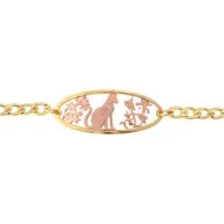 Handmade Chain Bracelets Created in Cut Out Flowers and Sitting Cat Design with Two-Tone Copper and Gold