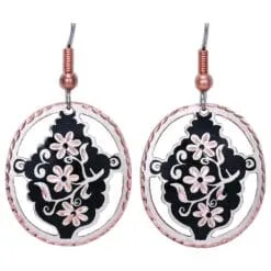 Handmade copper cut-out floral blossom oval dangle earrings in black and copper