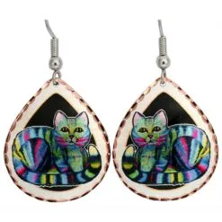 Handmade copper colorful striped cat art dangle earrings by Nick Gustafson with surgical steel earwires