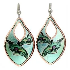Handmade copper colorful dolphin ocean art dangle earrings by Jo Lynch with surgical steel earwires