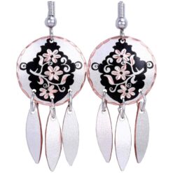 Round Flower Earrings with Patina Black and Silver Dangles