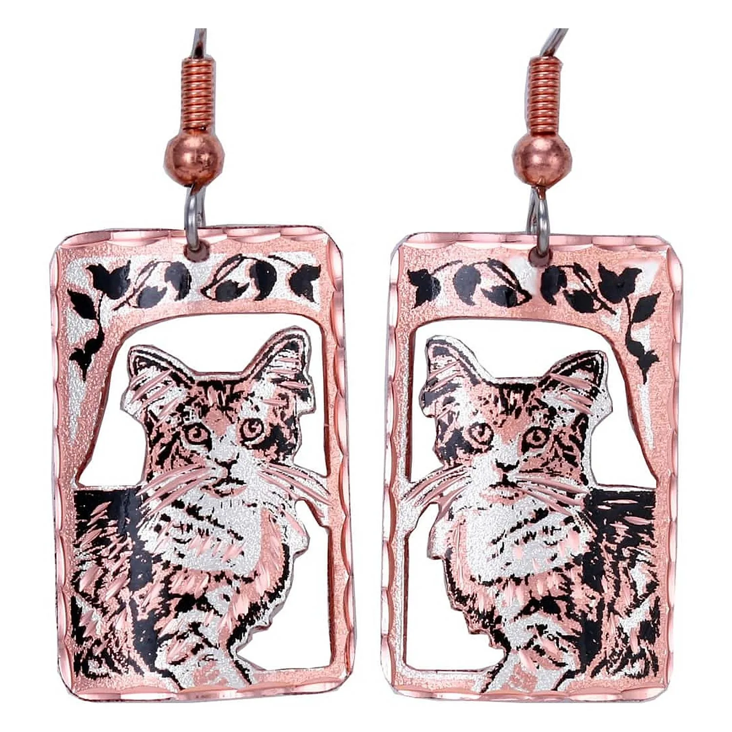 Handmade copper square cut-out sitting cat dangle earrings with surgical steel earwires