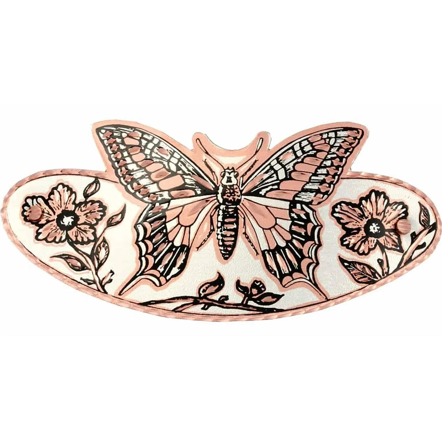 Artisanal cutout swallowtail butterfly and flowers copper hair barrette in silver and copper