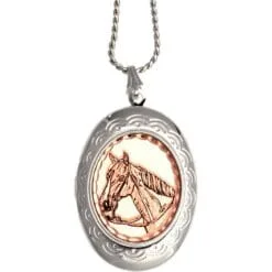 Handmade horse head Western photo locket necklace in engraved silver and copper.