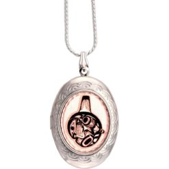 Handmade Northwest Native style totemic killer whale photo locket necklace in engraved silver and copper.
