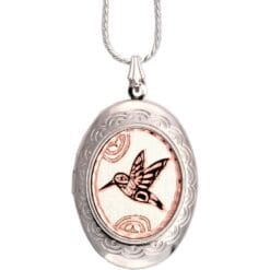 Handmade Pacific NW Native hummingbird photo locket necklace in engraved silver and copper.