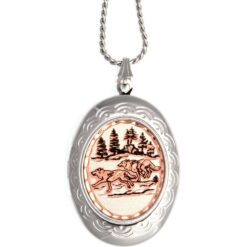 Handmade running wolves wildlife photo locket necklace in engraved silver and copper.