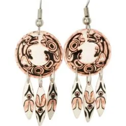 Handmade copper Northwest Native Haida wolf totem hoop and feather dangle earrings