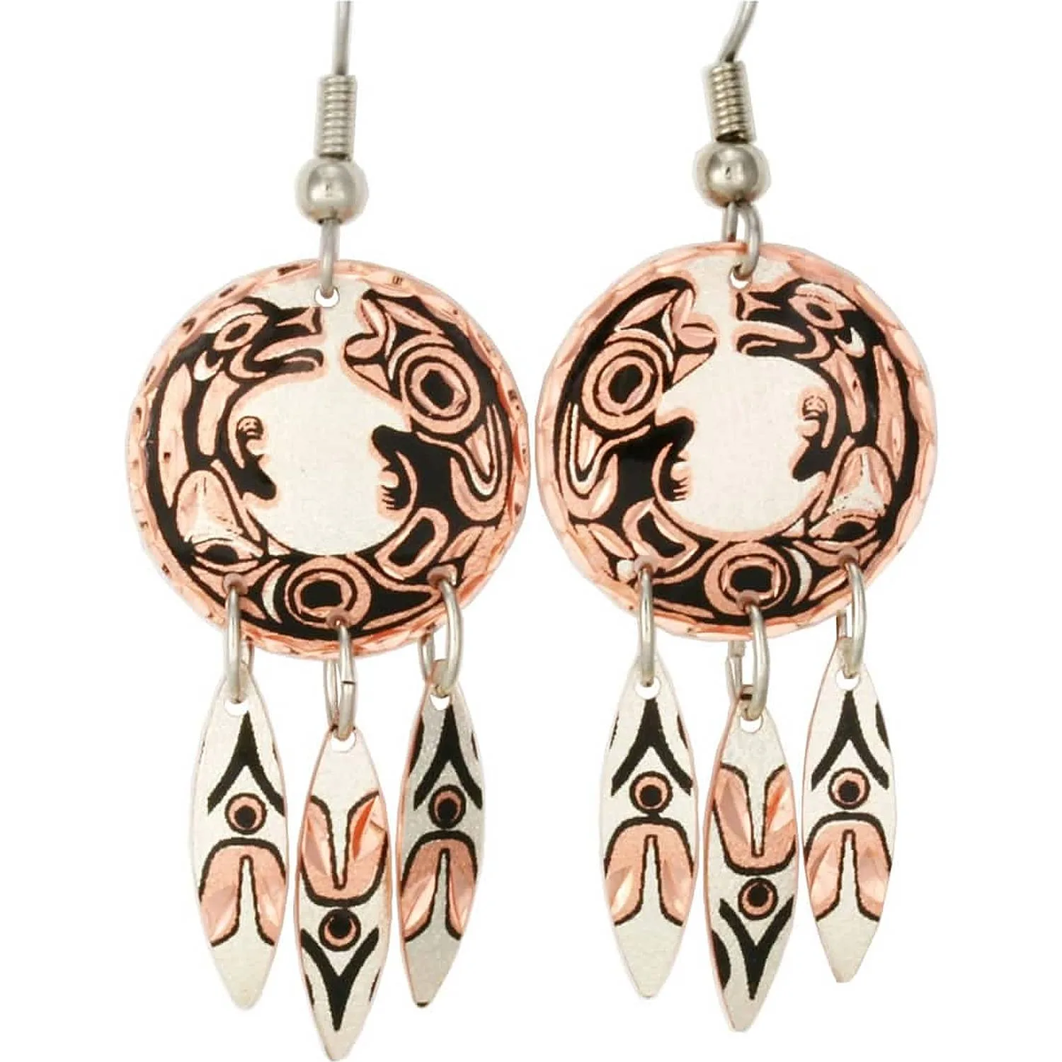 Artisan Northwest Native Haida wolf totem hoop and feather copper dangle earrings