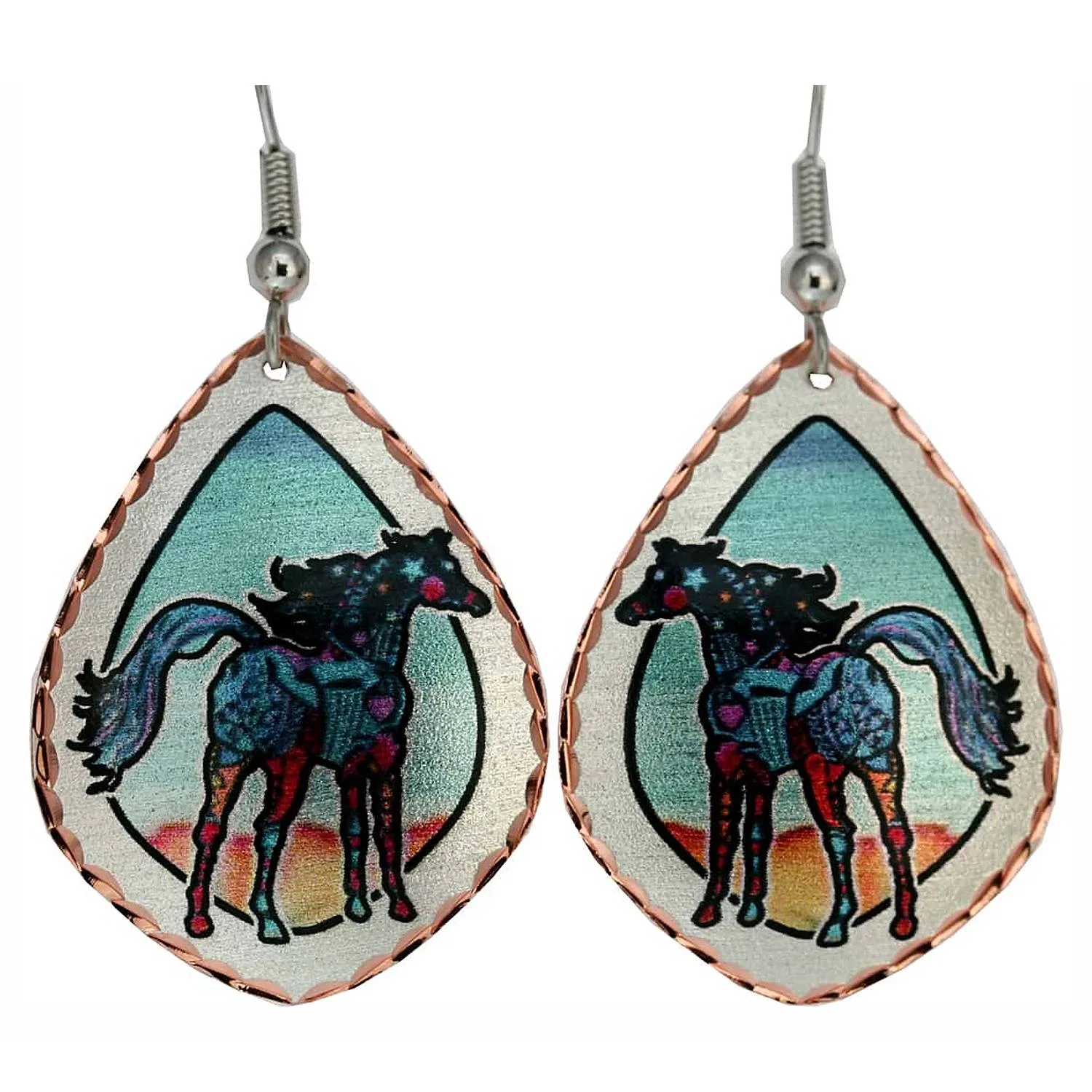 Handmade copper colorful horse equestrian art dangle earrings by Jo Lynch with surgical steel earwires