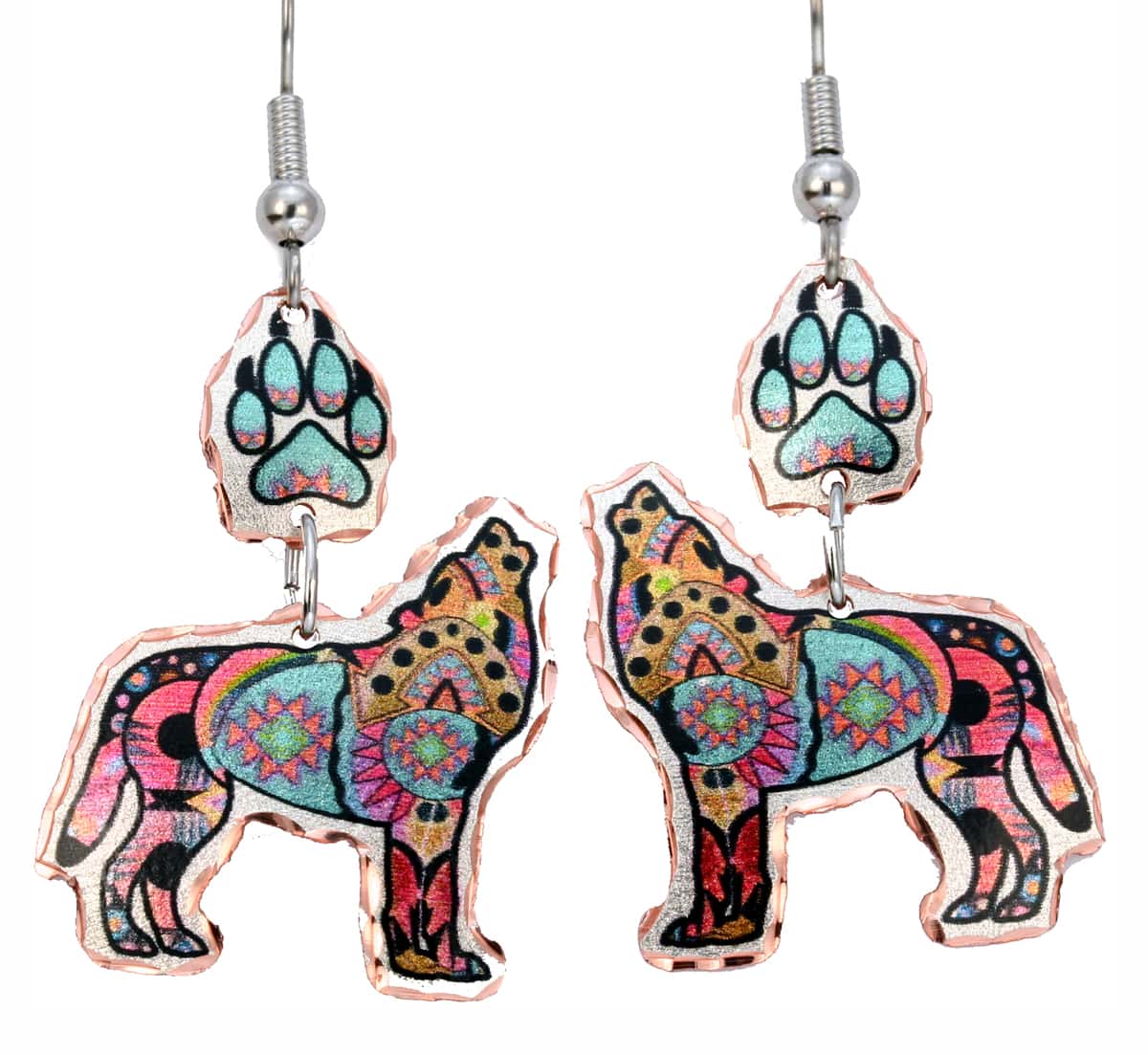 SW Native American Jewelry, Native Wolf and Dangle Wolf  Paw Earrings