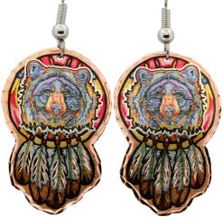 Bear with Eagle Feathers Dream Catcher Earrings