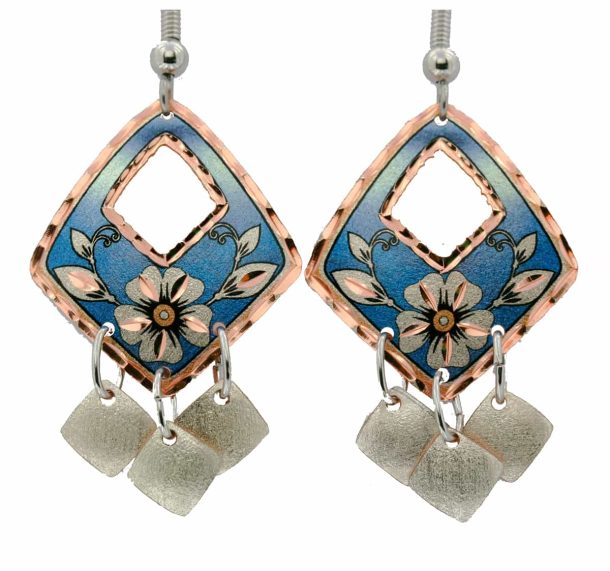 Diamond Shape Blue Flower Earrings
