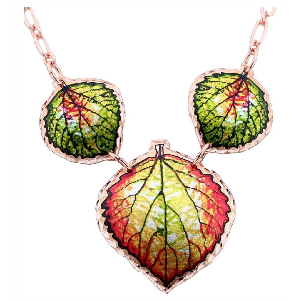 Art Jewelry, Colorful Aspen Leaves Necklaces Handmade from Copper