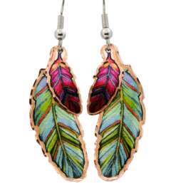 Colorful Dangle Feather Copper Earrings, Art Jewelry by Lynn Bean