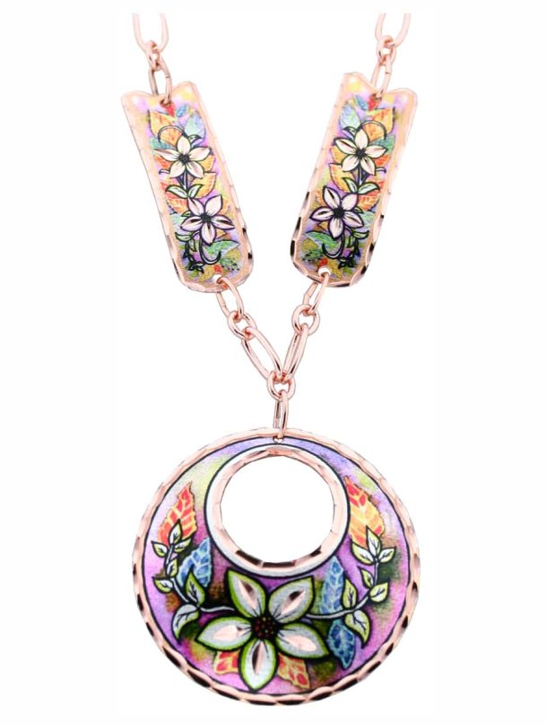 Colorful Flower Necklaces with Copper Chain, Art Jewelry
