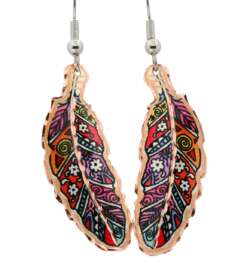 Copper Feather Earrings in Colorful Flowers Artwork