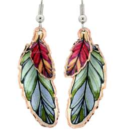 Dangle Copper Feather Earrings in Red and Green Colors