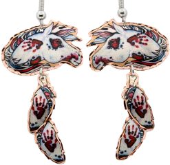 Dangle Feather Spotted War Pony Copper Earrings