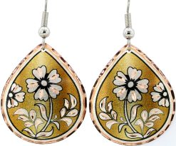 Gold Background Daisy Flower Teardrop Earrings