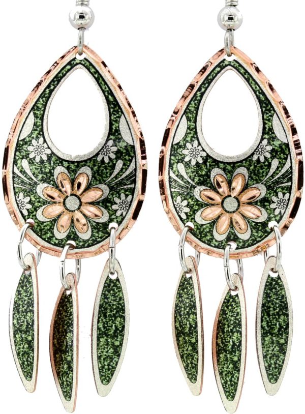 Green Background Teardrop Flower Earrings