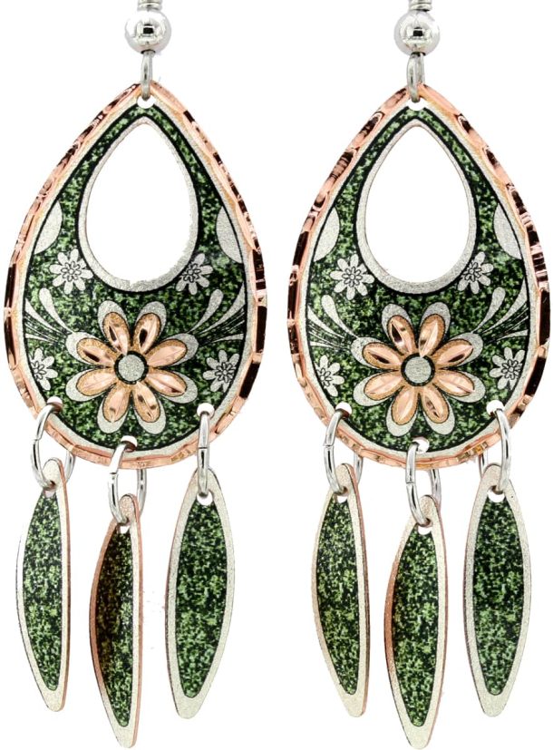 Green Background Teardrop Flower Earrings