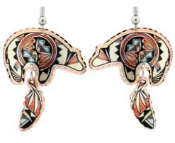 Native Indian Bear & Dangle Copper Feather Earrings