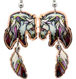 Painted Horse and Dangle Feather Copper Earring