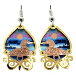 Loon Earrings with Colorful Sun Rise Background