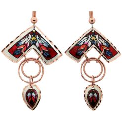 Red Copper Feather Dangle Wire Earrings