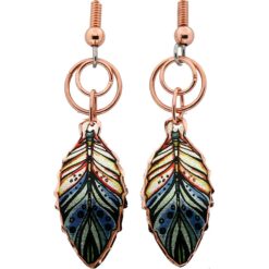 Blue Copper Feather Wire Dangle Earrings, Art Jewelry